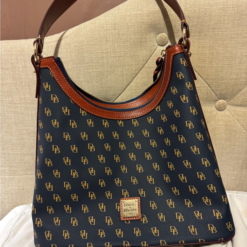 Dooney & Bourke Blue and Brown Hobo Bag with Leather Trim